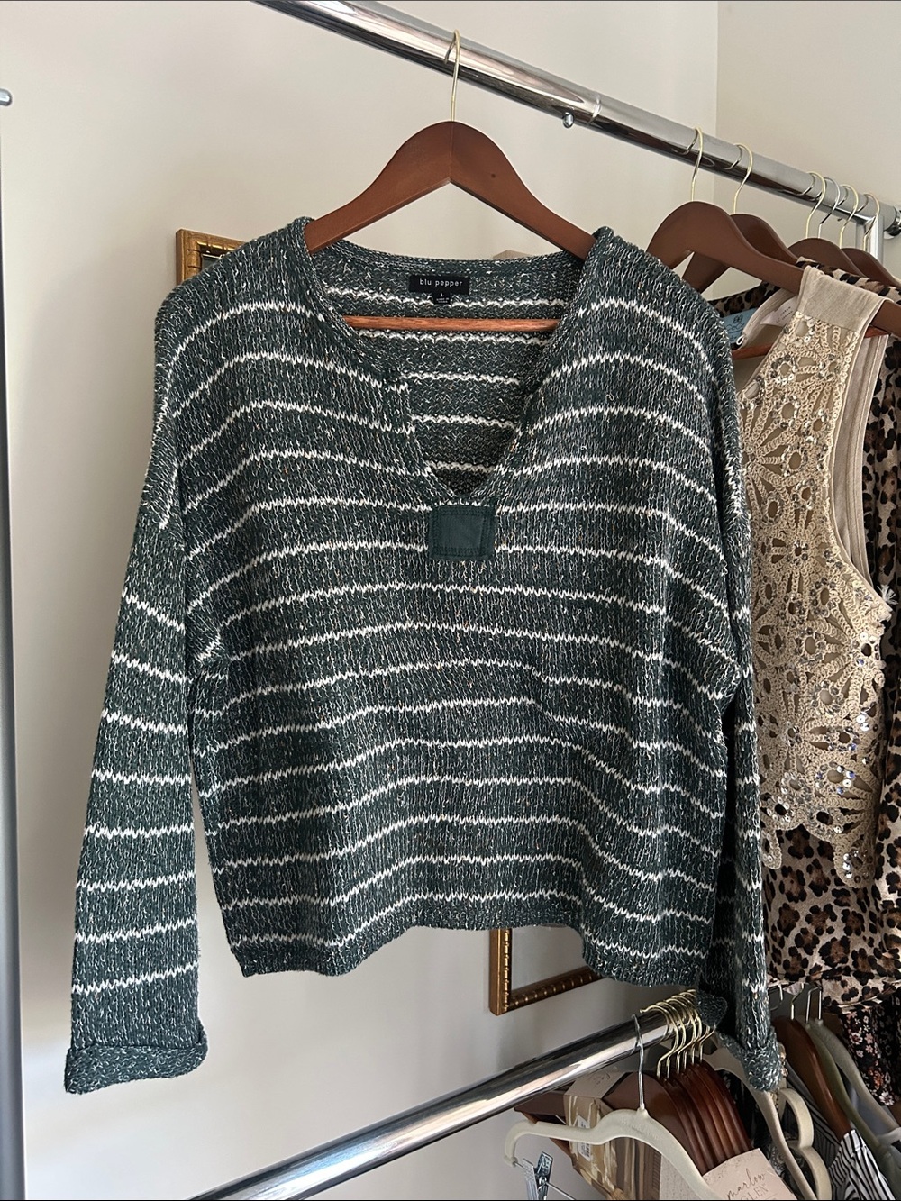 Blu pepper L loose fit dark Green v neck Striped Sweater